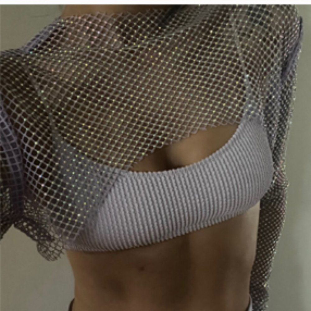 Silver Women Rhinestone Crystal Crop Tops Feather Cuff Net Sheer Shiny Glitter
